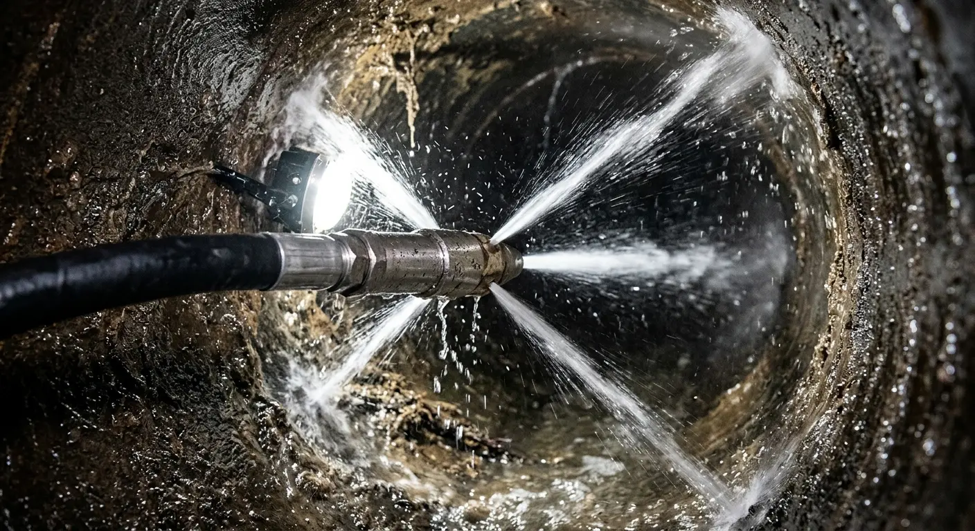 High-pressure hydro jetting nozzle cleaning sewer pipe for Trenchless Sewer Repair in Caldwell