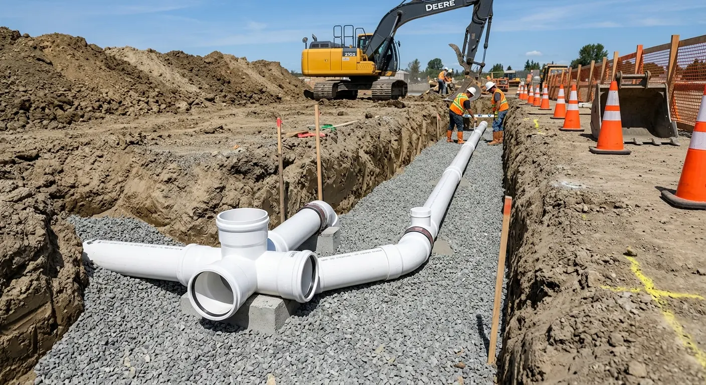 New PVC sewer pipe installation in open trench for Grease Trap Cleaning in Caldwell