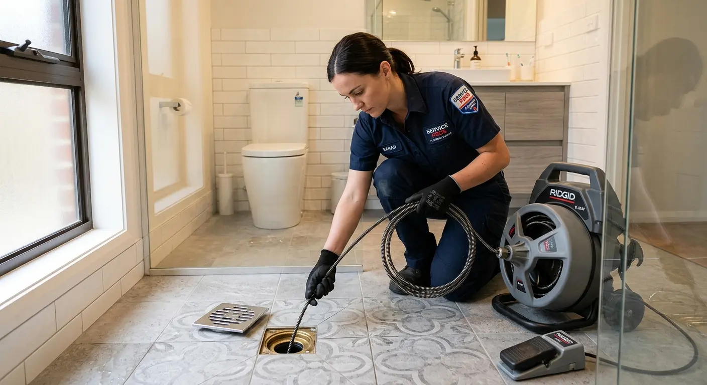 Technician clearing a bathroom floor drain for Sewer Line Installation in Caldwell
